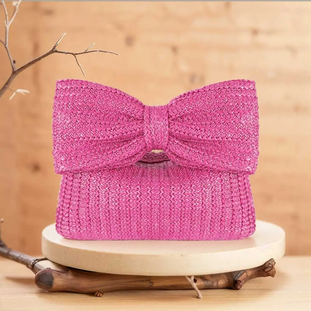 Women's Evening Clutch Straw Crochet Beach Handbag Zipper Closure with Bow Weaving Purse Ladies Woven Dinner Bag Summer Knit Bag