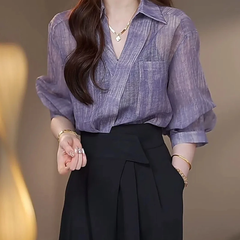 

Женская блуза-поло с карманами, однотонная Свободная блуза с воротником «три четверти», Солнцезащитная одежда в Корейском стиле на лето