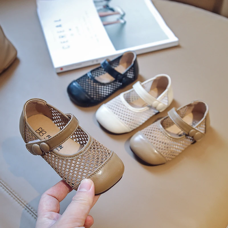 Toddler Cut-outs Shoes Fashion Children Girls Summer Wide Pu Mesh Breathable Princess Shoe Kids Baby Flat Girl Loafers Shoes