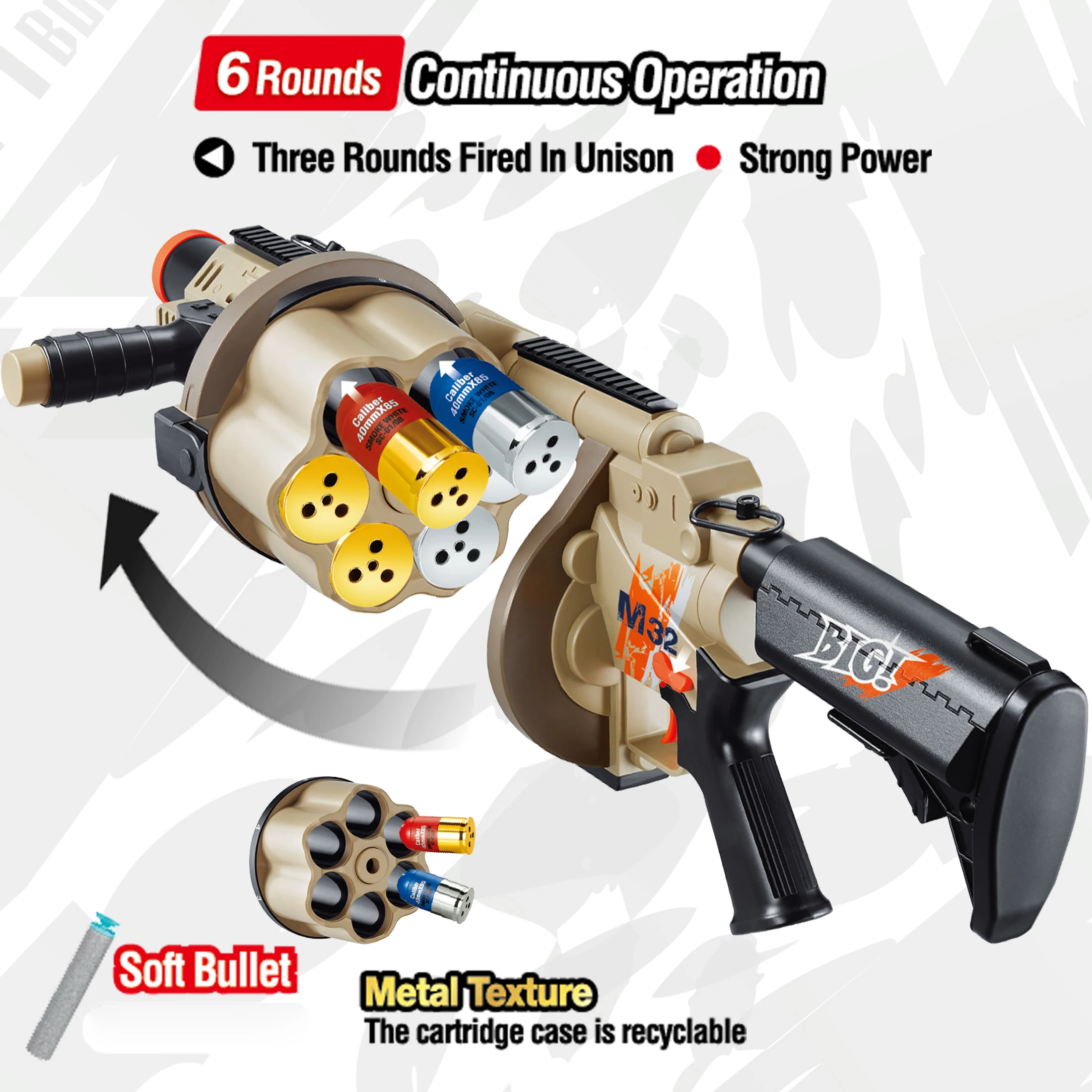 Grenade Launcher Toy Gun Unique Design, Large Magazine, Ejecting Shell, Shoots Soft Bullets - Christmas Gift for Kids 14+ 2