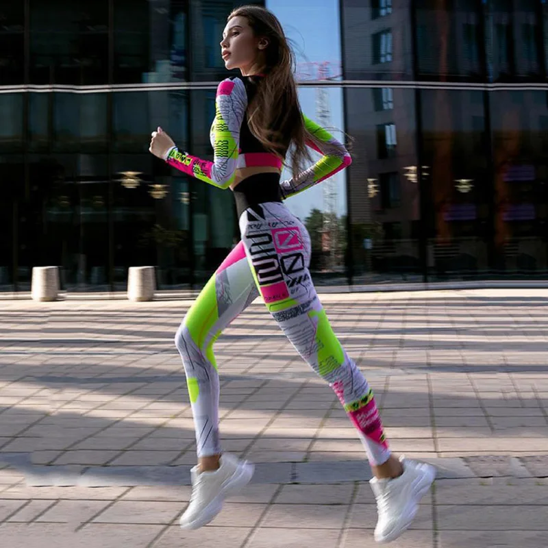 Krismile Women Fashion Color-Block Letter Print Long Sleeve Tops & Skinny Pants Suits Spring Summer Sportswear Sports Set