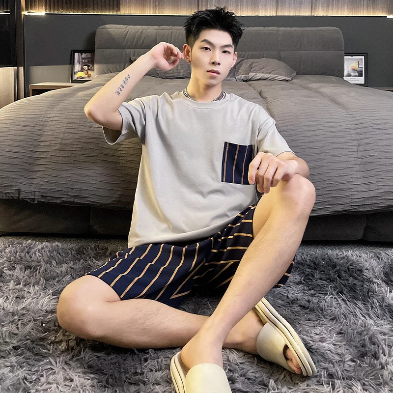 Men Cotton Pajamas Set Short Sleeve Shorts Plus Home Suit for Boy Casual Pajama Korean Loose Stylish Piaid Summer New