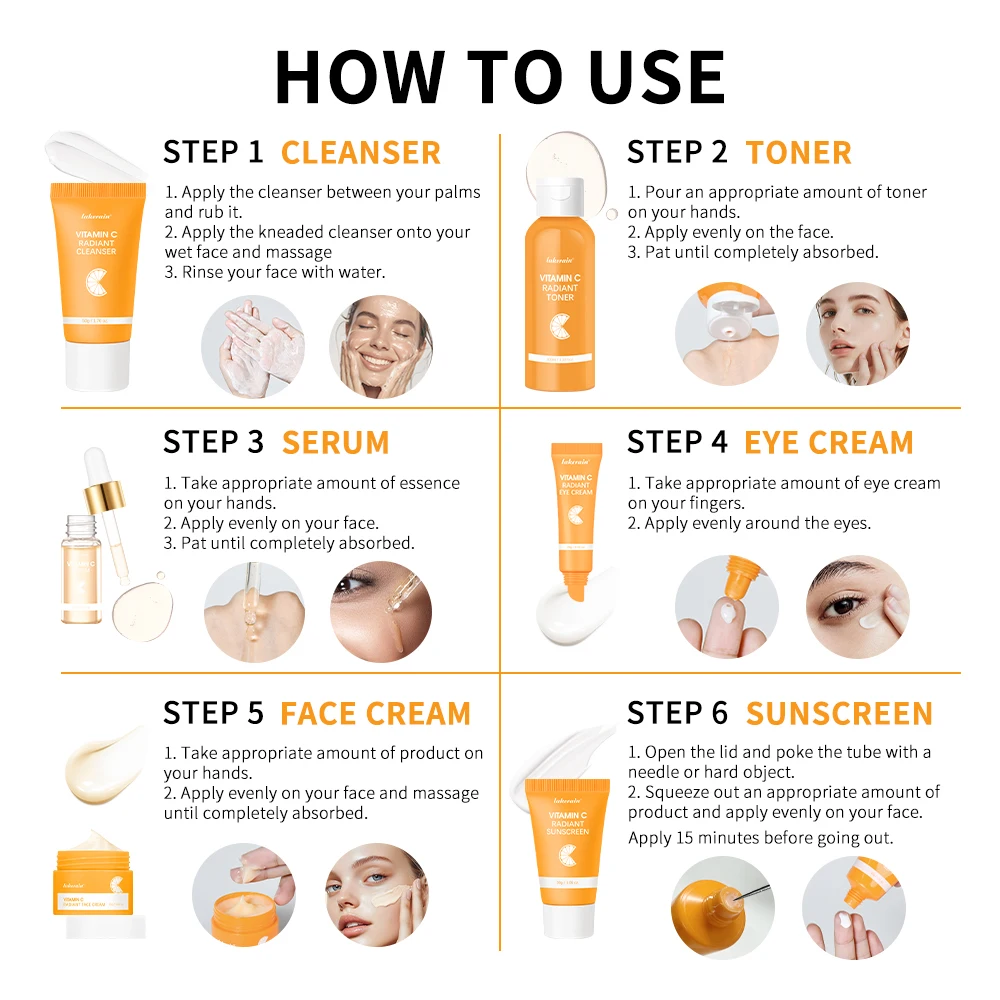 Skin Care Set Vitamin C Skincare Set 6-piece Set Including Toner Serum Eye Cream Face Cream Sunscreen Cleanser Deep Moisturizing Skin