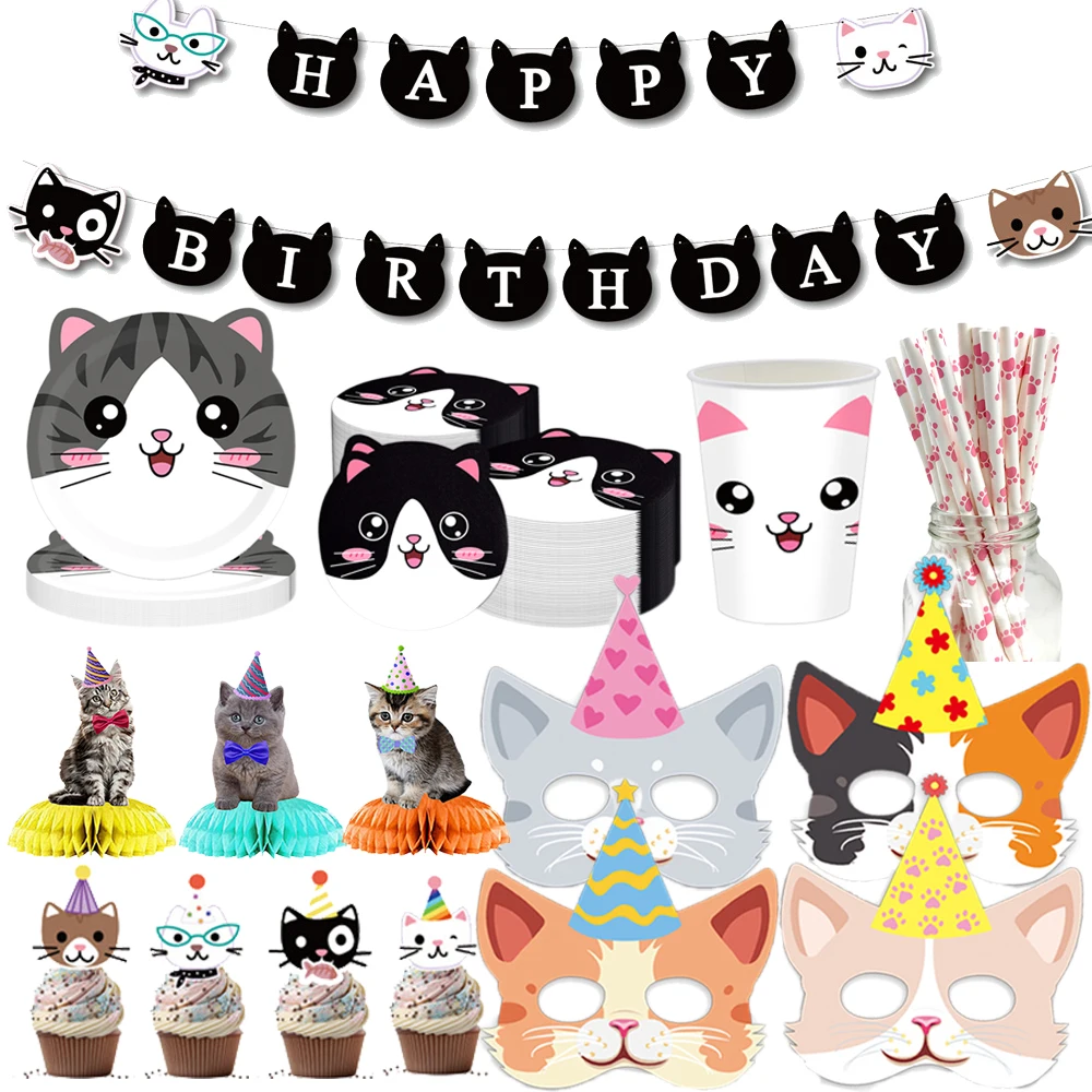 Nette Cartoon Katze Geburtstag Party Supplies Banner Einweg Geformte Pappteller Pappbecher Baby Dusche Kinder Geburtstag Party Dekor