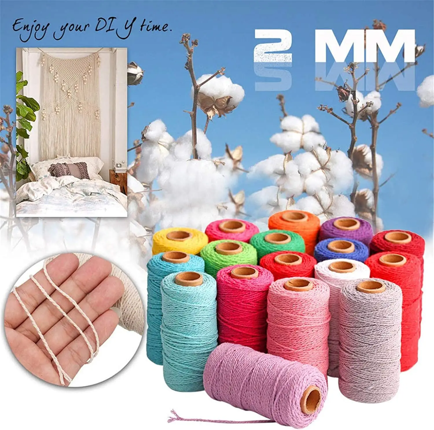 Macrame cord cotton rope string crafts DIY colored thread cord twine home decor wedding party accessories 100M/Roll 2mm