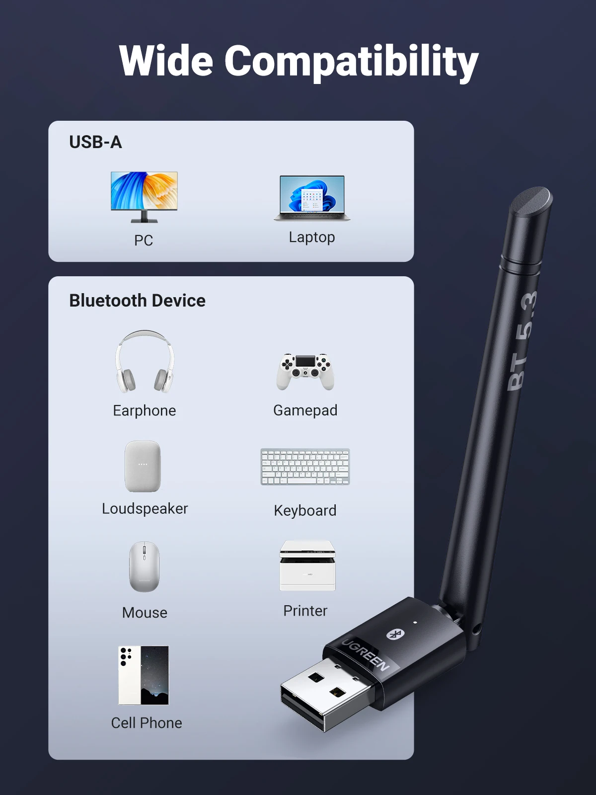 UGREEN USB Bluetooth 5.3 Adapter for PC Speaker Wireless Mouse Keyboard Music Audio Receiver Transmitter Bluetooth Dongle bluetooth adapter,bluetooth audio receiver,bluetooth transceiver adapter,audio adapter,bluetooth aux adaptor,wireless usb adapter