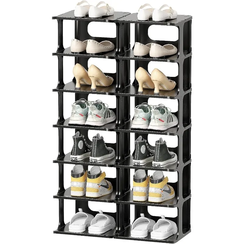 Plastic 14 Tier Storage Shoe Rack for Entryway Organizer for Closet Narrow Shelf Cabinet Black Free Standing Racks Vertical