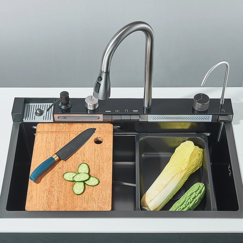 Kitchen Sink 304 Stainless Steel Kitchen Waterfall Sink Digital Display Large Single Sink Dish Basin With Multifunction Touch Waterfall