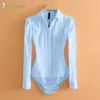 Long Sleeve Collared Bodysuit - Elegant Shirring Office & Business Top