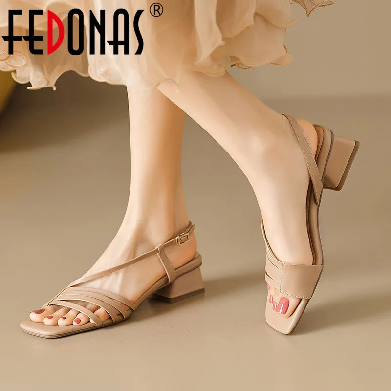 

FEDONAS Fashion Narrow Band Women Sandals Thick Heels Genuine Leather Slingback Pumps Office Ladies Party Shoes Woman Summer New