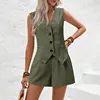 Summer Women Elegant Solid Waistcoat Shorts Set 2024 Sleeveless Vest Top+High Waist Slim Shorts Lady Office Casual 2 Pieces Set 1