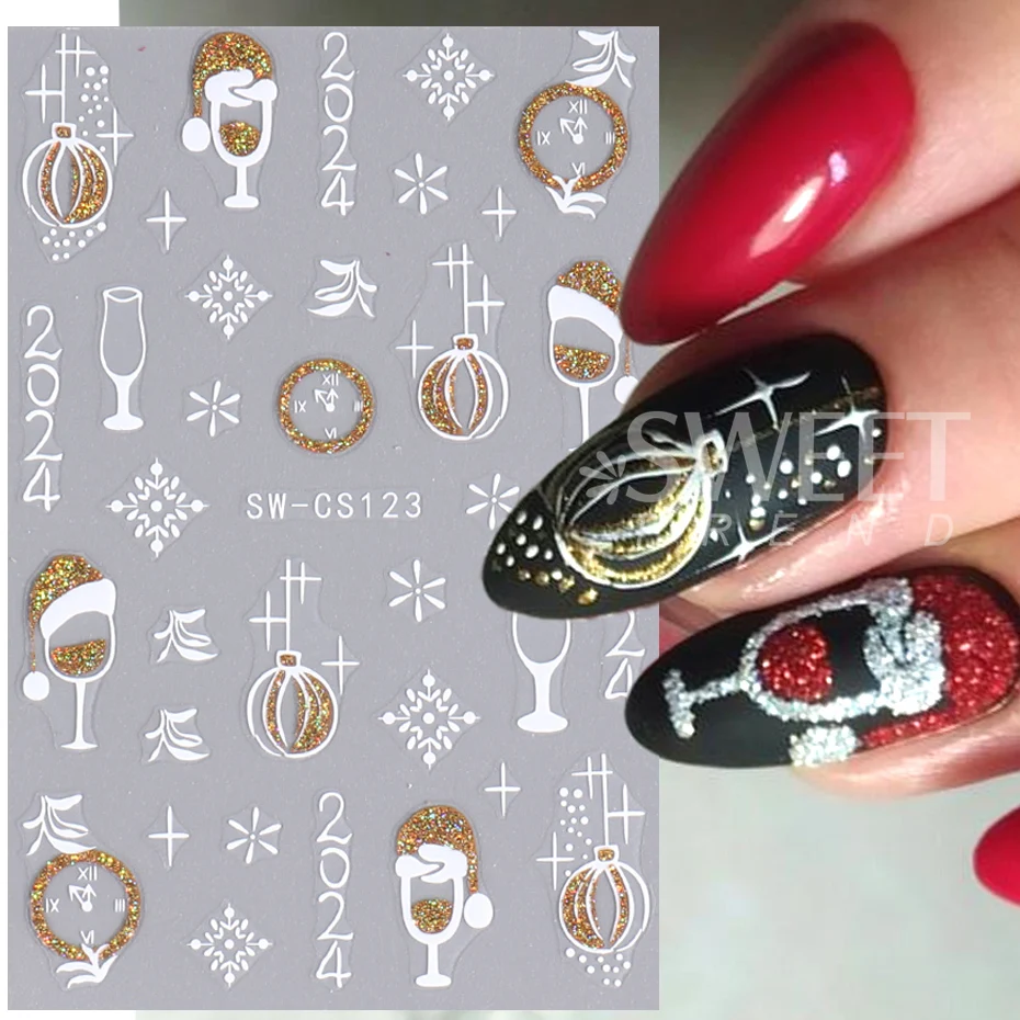 3D Blue Gold Glitter Christmas Nail Art Sticker Snowflake Star Bow Bell Wine Glass Gift Winter Xmas New Year French Manicure Tip 4