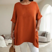 Plus Size Womens Solid O-Neck Dropped Shoulder Sleeve Pockets Tunic Tops Summer Ladies Casual Pullover T Shirts Tee Size 1XL-5XL