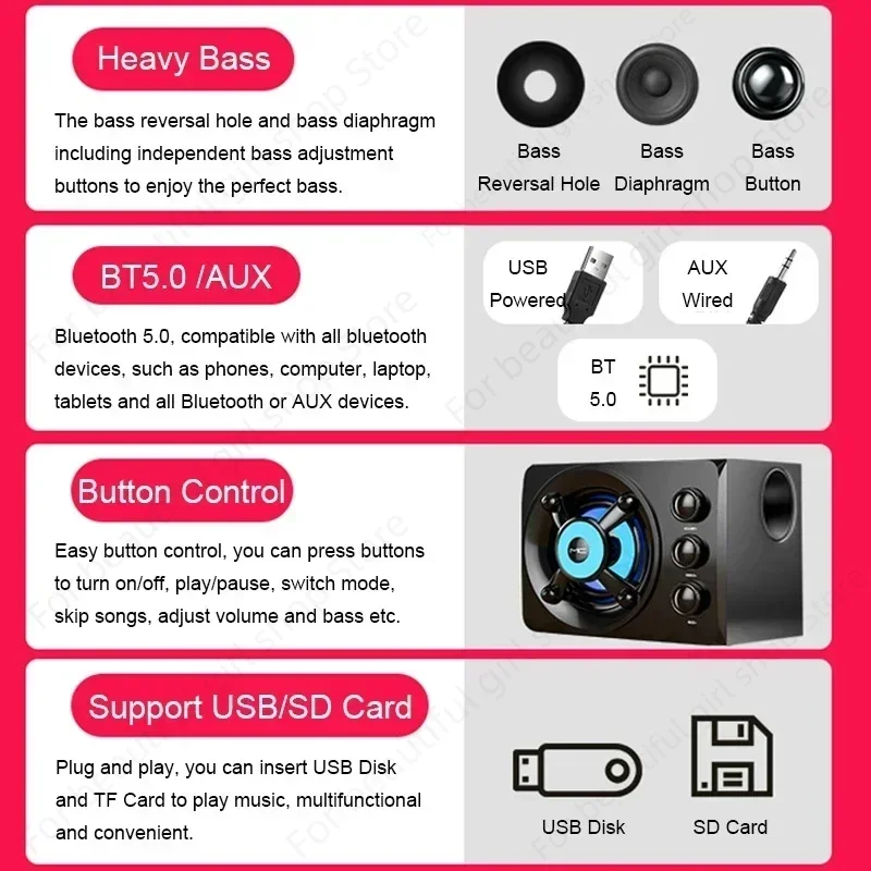 Wireless Bluetooth Speakers 3D Stereo Subwoofer Colorful LED Light Wired Bluetooth Audio Home Theater Surround Sound TV