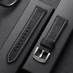 Vintage Retro Cowhide Leather Watch Strap - 22mm Wristband in Crazy Horse Style - Silver Buckle (Black)
