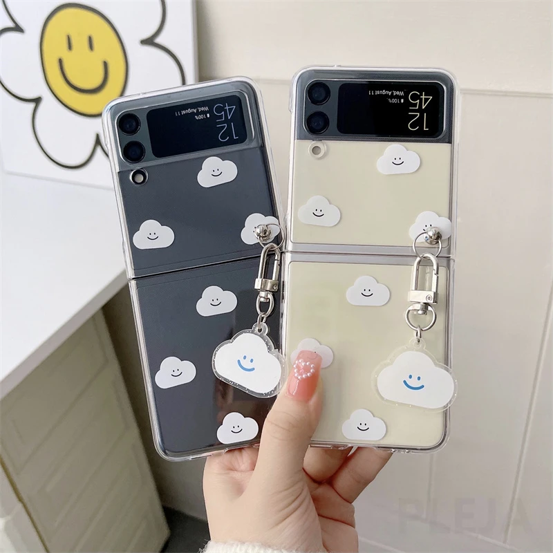 Cute Cloud Pendant Phone Case For Samsung Galaxy Z Flip 3 5G Clear Hard PC Cover Capa For ZFlip3 Flip3 Protective Shell Keychain galaxy z flip3 phone case