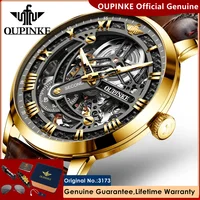 OUPINKE Automatic Mechanical Watch for Men Genuine Leather Strap 3D Hollow Out Luxury Sapphire Mirror Wateproof Men's Wristwatch