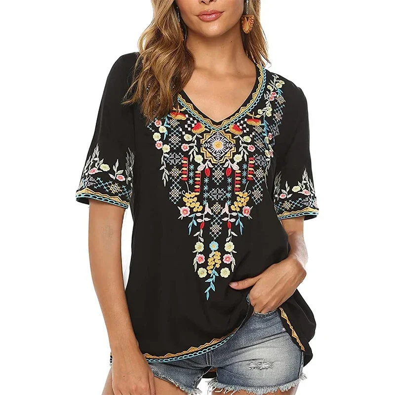 Summer Women's Short Sleeved Shirt Bohemian Style Embroidery Bohemian Style Waist Tied Outerwear Top Summer Outfit