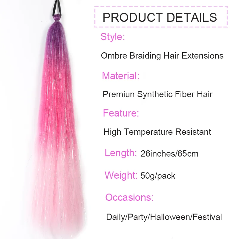 Ombre Braiding Hair Extensions Synthetic Colorful Braid Ponytail Extension With Hair Tinsel 26 Inch Jumbo Ponytail For Women