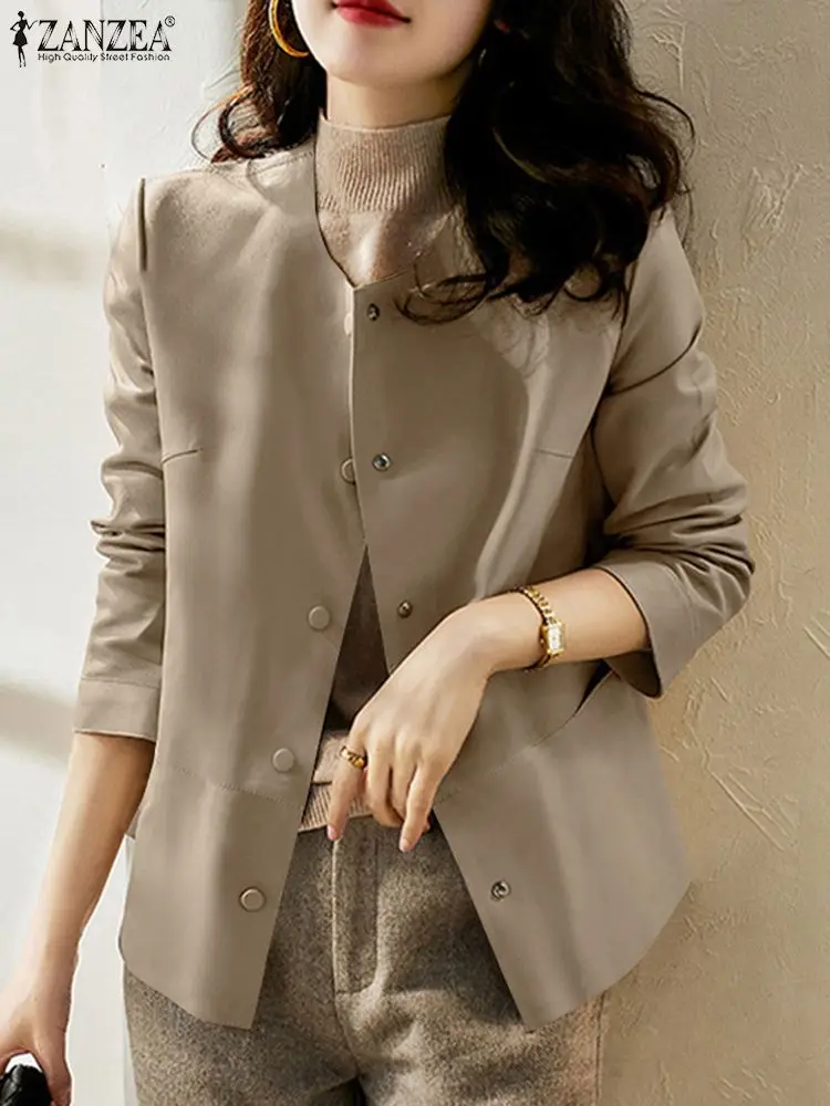 

Весна-Осень пальто ZANZEA модная блузка на пуговицах с длинным рукавом Женская винтажная куртка из ПУ кожи рабочие Топы Повседневная женская верхняя одежда