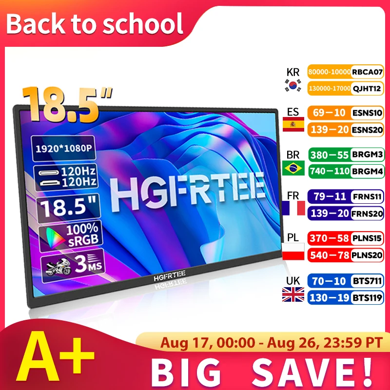 شاشة محمولة HGFRTEE مقاس 18.5 بوصة 120 هرتز RGB100% مع فتحة VESA وحامل خلفي للكمبيوتر المحمول وشاشة ADS-IPS HDR