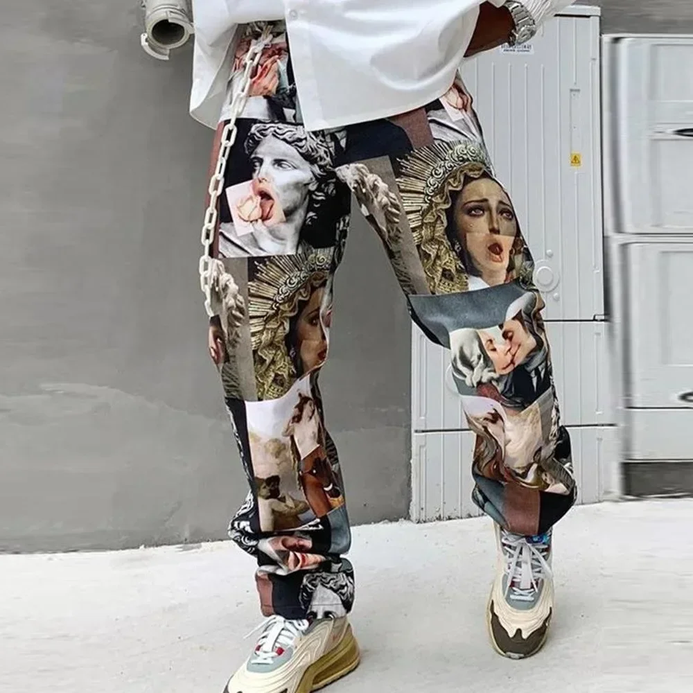 Casual Printed Pants Mens Pants Spring/Autumn Streetwear Printed Straight Loose Mid Waist Casual Trousers Fashion Full Length Pant for Men