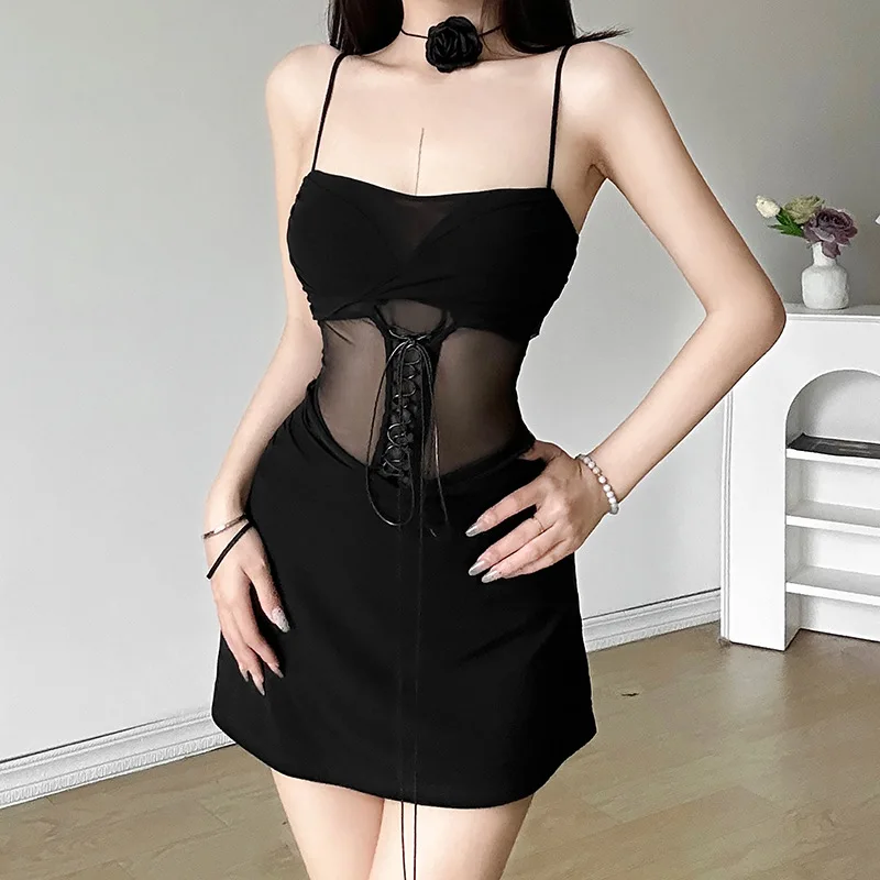 

Sexy Backless Mini Sling Dresses for Summer Women's Dress 2024 New Skinny Cross Lace up Mesh Perspective Hanging Neck Dress