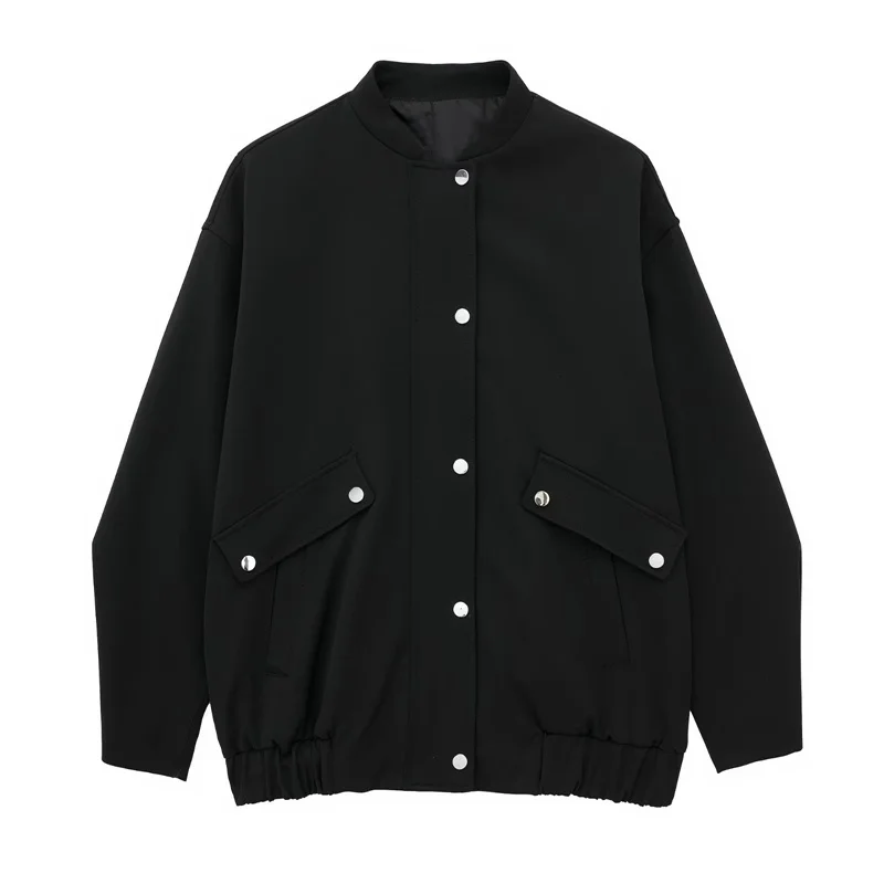 

Girls Casual Black Loose Bomber Jacket 2023 Autumn Woman Oversized Single Breasted Flying Jackets Female Solid Warm Outwear
