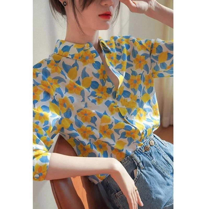 Spring Autumn New POLO Collar Fashion Long Sleeve Shirt Women High Street Casual Button Cardigan Floral Printing All-match Tops