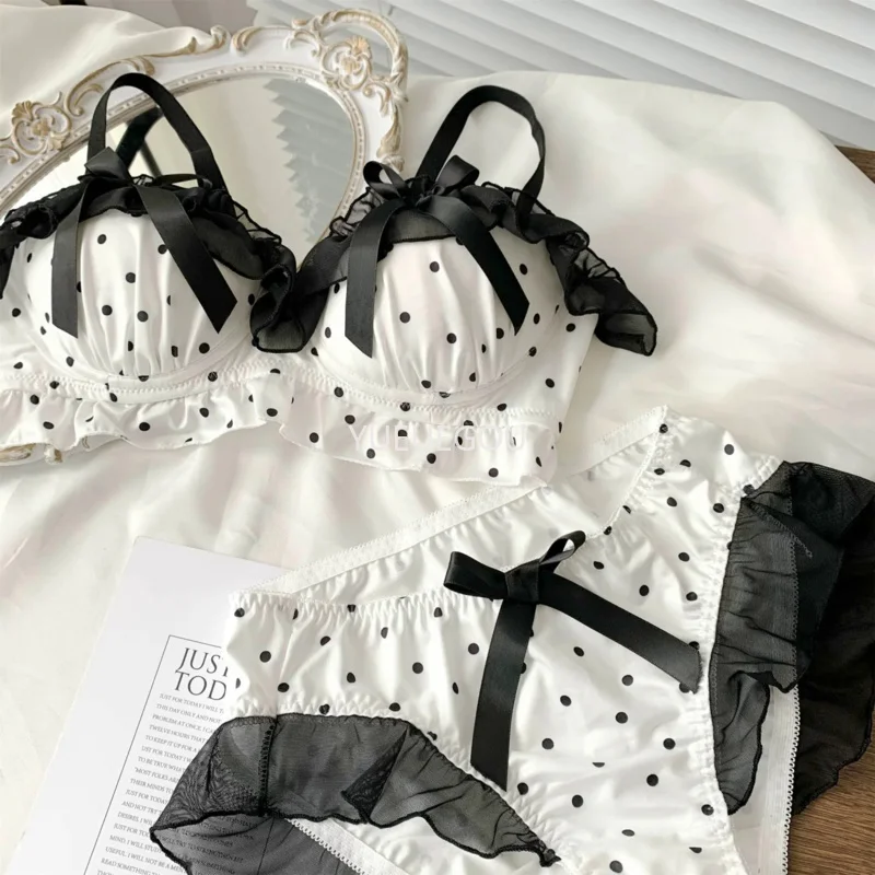 Niedliches BH-Set mit Schleife und Punkten für Damen – Bügelloser Push-up-BH für kleine Oberweite, bequemes Spitzenunterwäsche-Set (2-teilig)_voghion.com