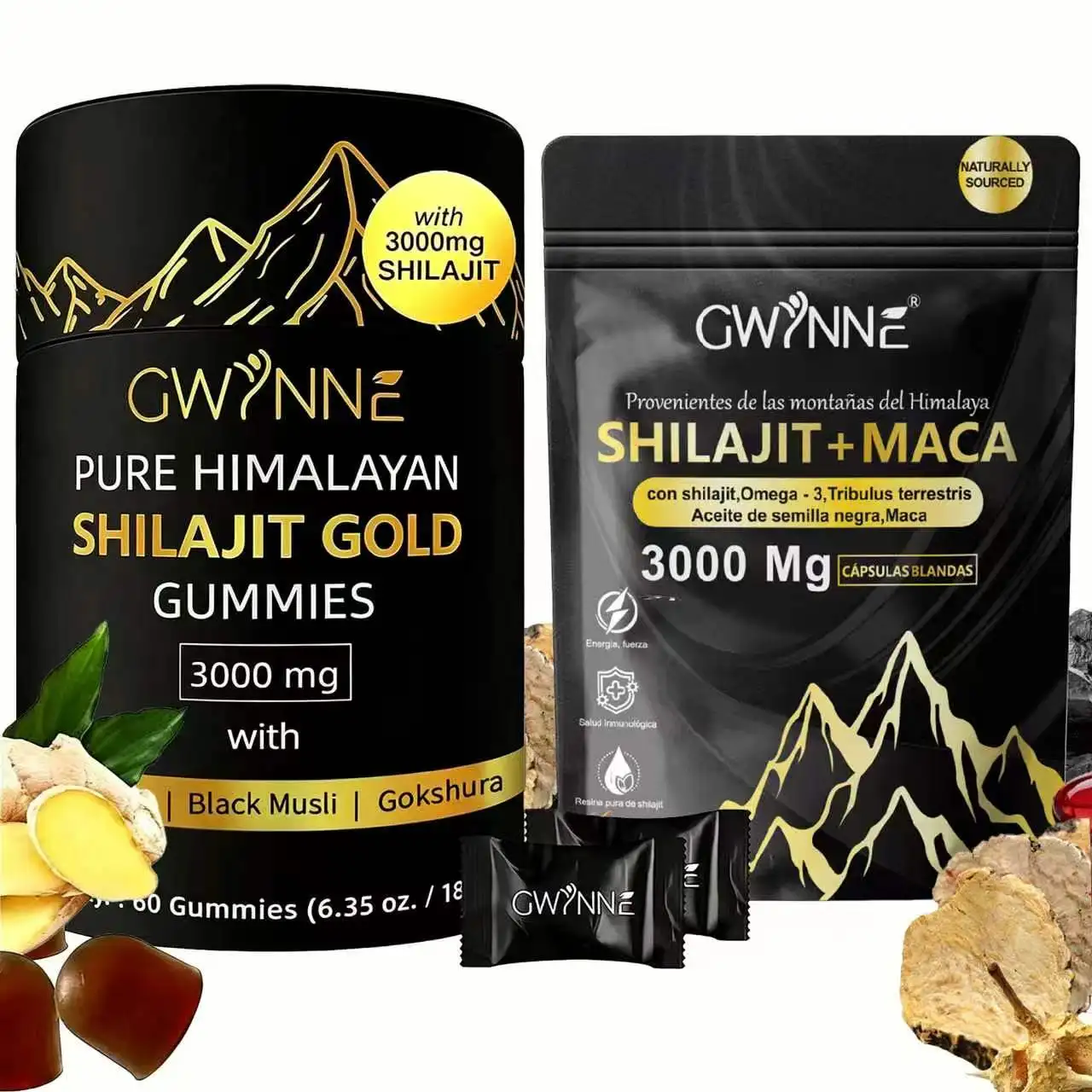 Gwynne: Set de nutrición combinada del Himalaya | Combinación de gominolas de ginseng + cápsulas de maca | Contiene 3000 mg de ginseng de alta concentración | Con extractos de maca, omega-3, tribulus terrestris, aceite
