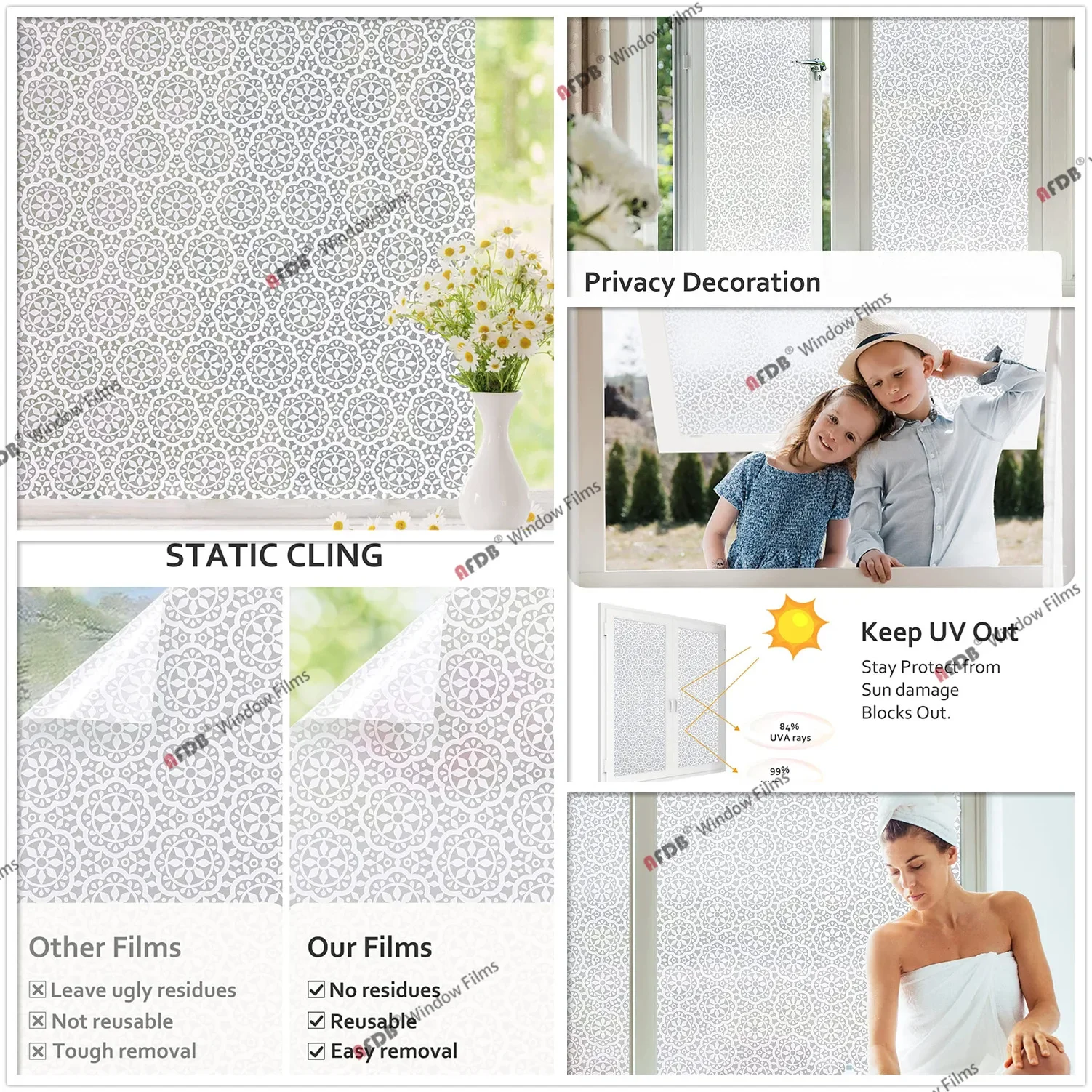 Privacy Window Film Decorative Paper Sticker Non-Adhesive Lace Flower Decal Home Office Static Cling Glass Foil Wid 90 cm Window Film Window Privacy Film Window Sticker