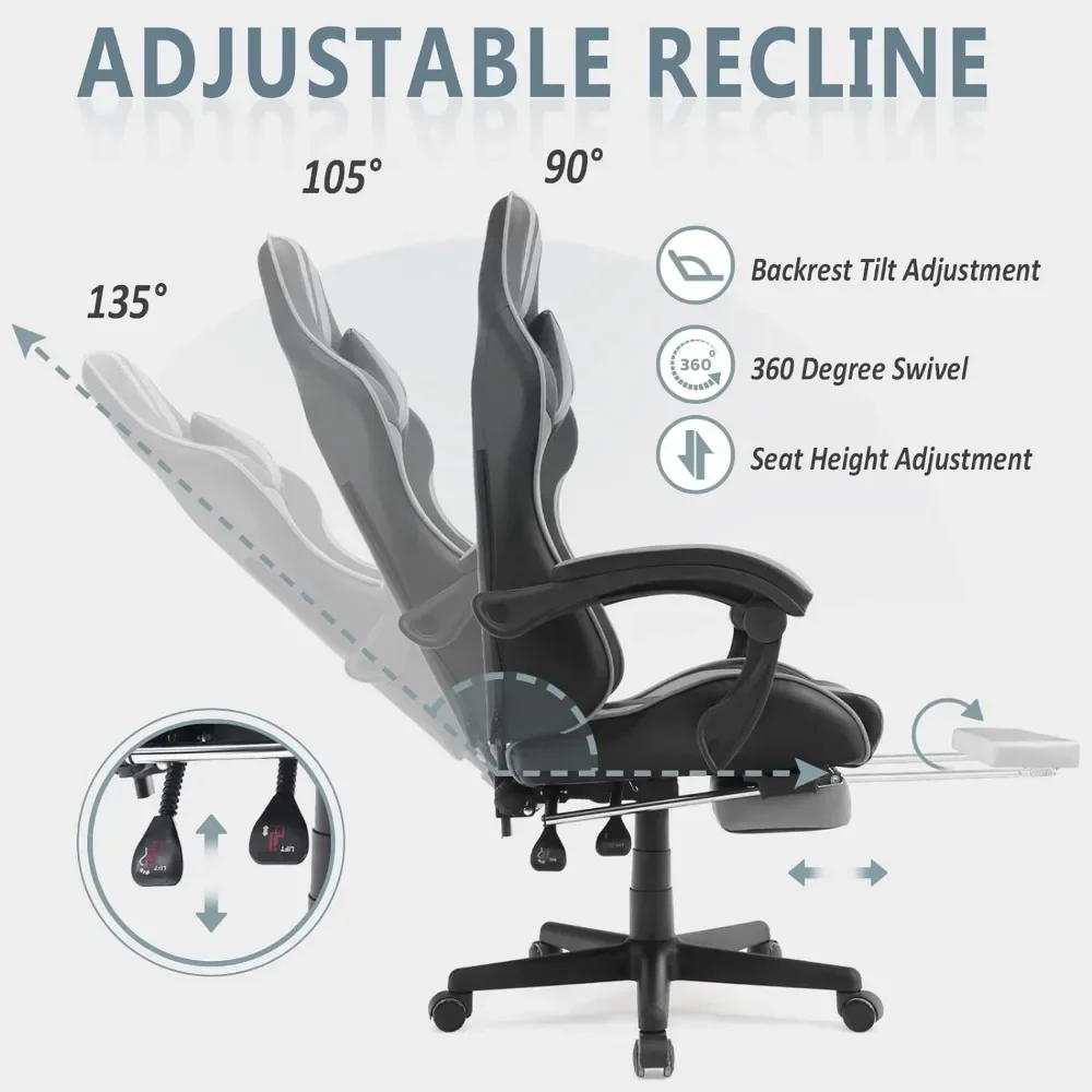 Grey Gaming Chairs with Footrest,PC Gaming Chair,Computer Chair, E-Sports Chair,Ergonomic Office Chair with Adjustable 6