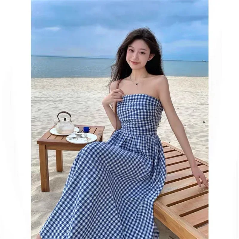 

French Style Retro Plaid Strapless One-Piece Dress for Women Summer Sleeveless Pleated A-line Calf Length Dress Beach Vestido