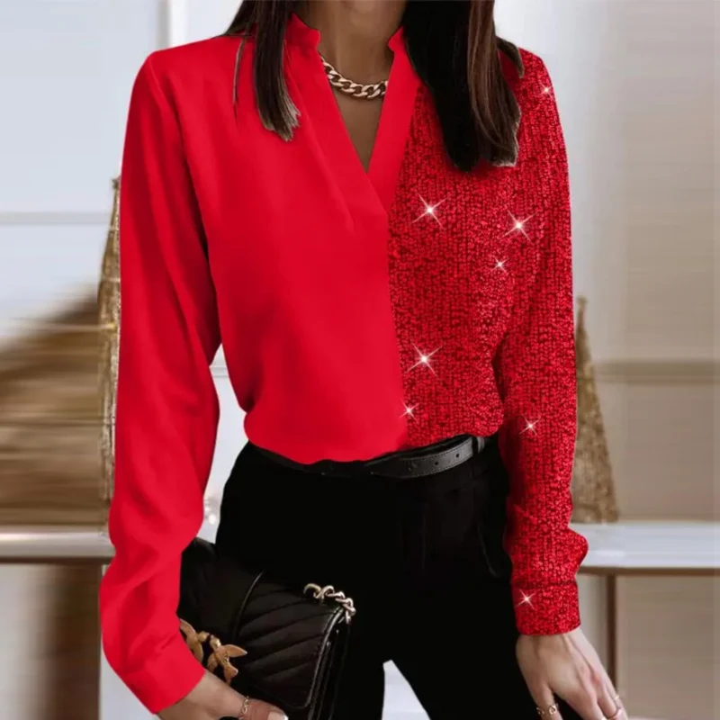 

Women Elegant V-neck Commuter Blouses 2024 Spring Patchwork Sequin Shiny Shirts Autumn Long Sleeve Female Tops Pullover Harajuku