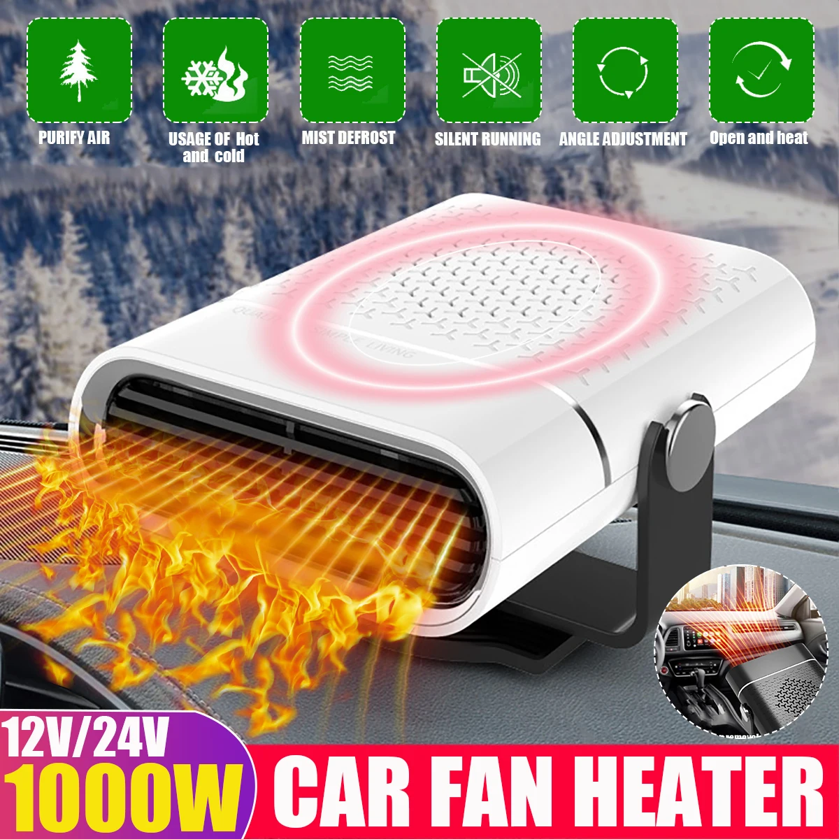 12V/24V 1000W Car Heater Electric Heating Fan Portable Electric Dryer Windshield Defogging Demister Defroster For Car Home