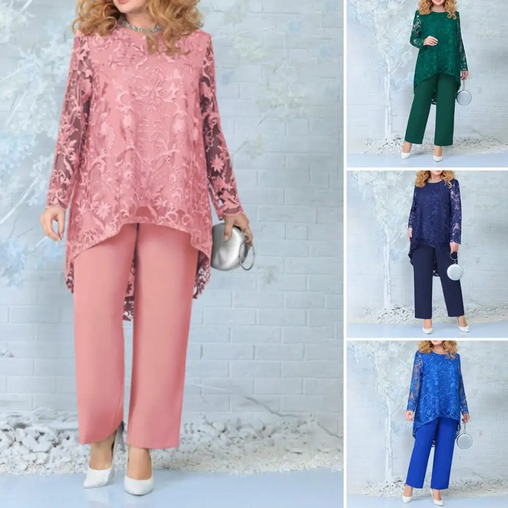 

2Pcs/Set Solid Color Women Top + Pants Set Long Sleeves Hollowed Lace Design Hem Wide Straight Leg Cocktail Outfit