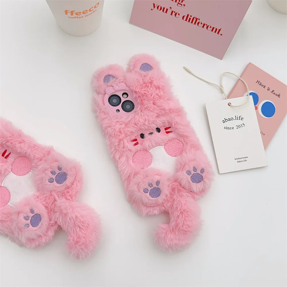 Cartoon Plush Pink Cat Phone Cover Case for iPhone 15 14 13 12 11 Pro Max -  AliExpress