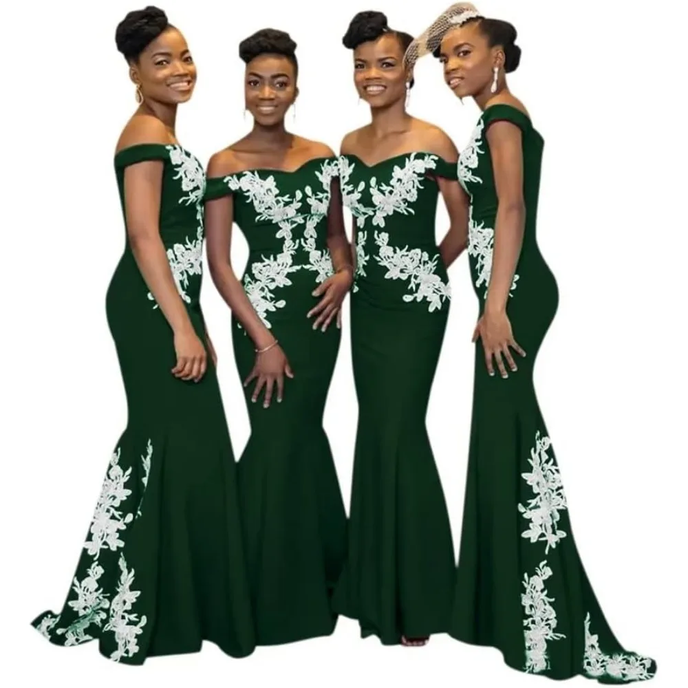 Burgundy Womens Off The Shoulder Mermaid Bridesmaid Dresses for Wedding Lace Satin Prom Dresses Long Formal Evening Gowns Africa