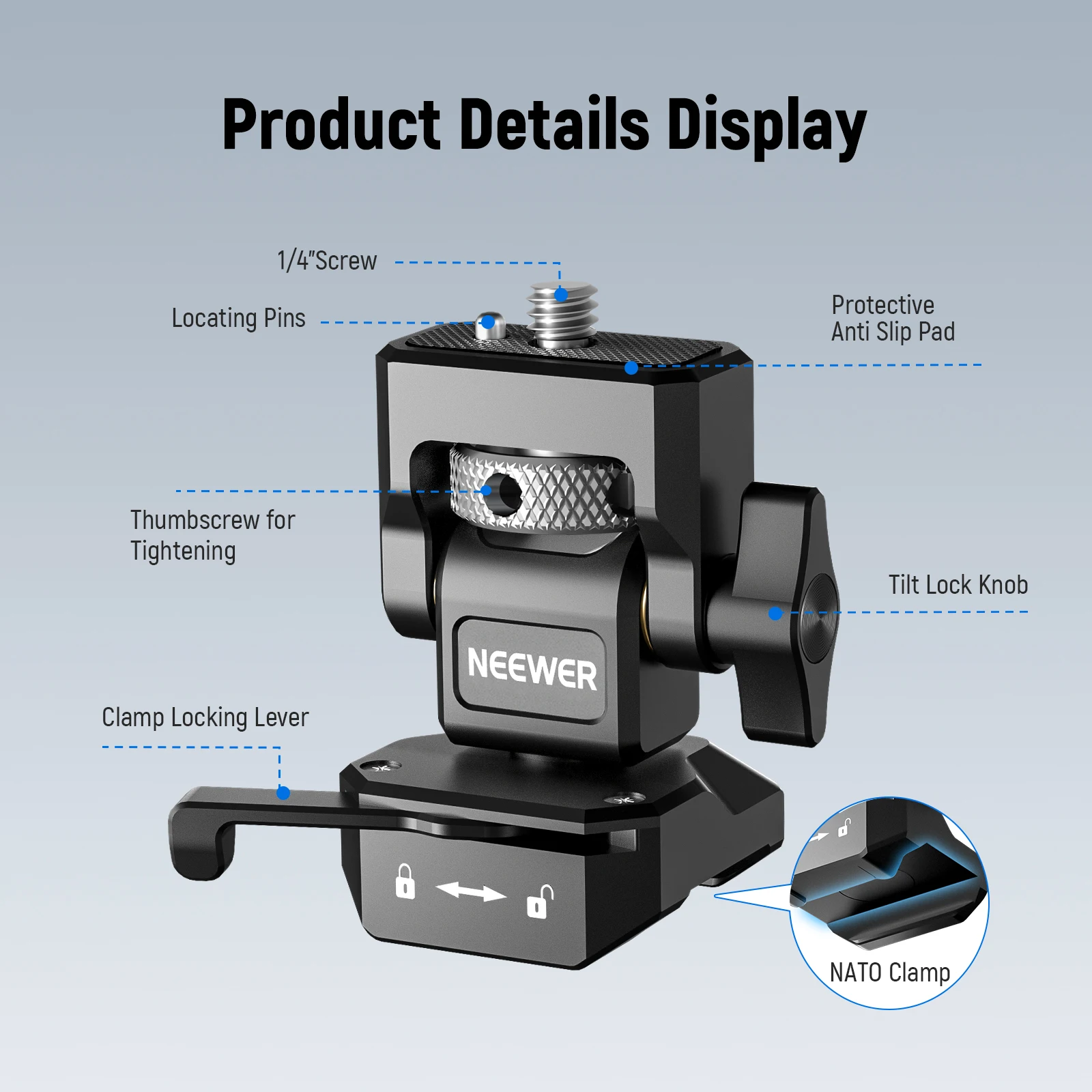 Description Picture 2 of itemNEEWER DSLR Camera Clamp Adjustable Monitor Mount with Cold Shoe Anti Twist 1/4" Screw for Monitor Flash Light DIY Attachment