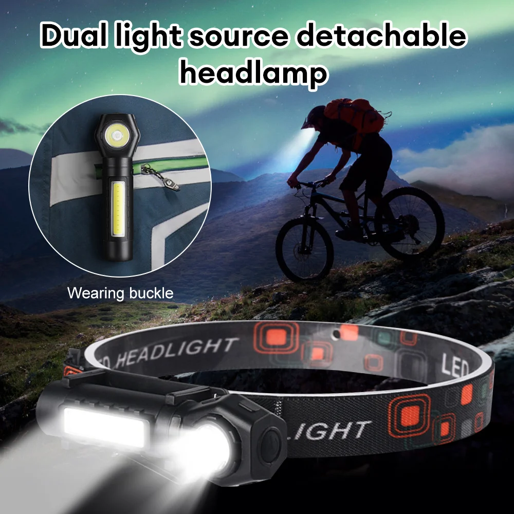 

Rechargeable XPE COB Headlight Dual Light Sources Headlamp Outdoor Camping Lamp Work Light Waterproof Flashlight Emergency Lamp