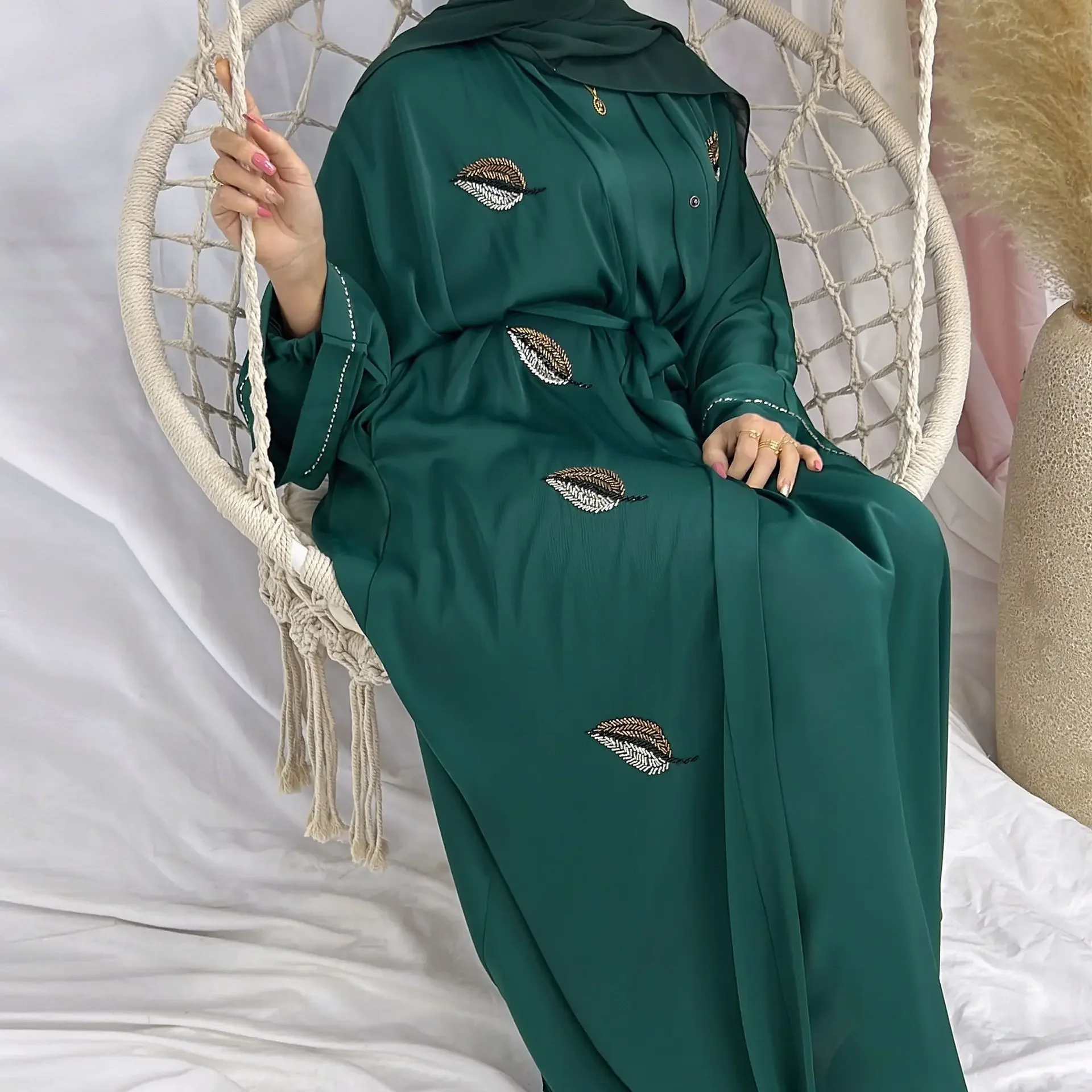Eid Muslim Kimono Abaya Modest Hijab Dress Handmade Beaded Summer Open Abayas for Women Dubai Islamic Clothing Party Kaftan Robe