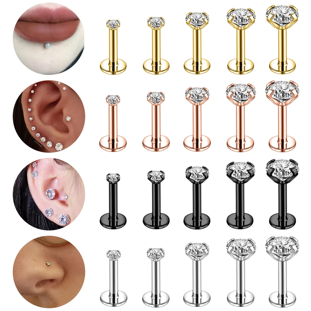 

ZS 18/20G Rose Gold Plated Labret Piercing Stainless Steel Lip Studs 4PCS Zircon Tragus Conch Earring Gold Color Body Jewelry