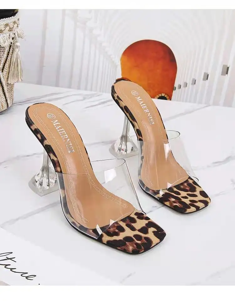 Allegra K Women's Leopard Print Stiletto Sandals - Platform Gladiator Strappy, Open Toe, Back Zipper, 4.7 Inch Heel