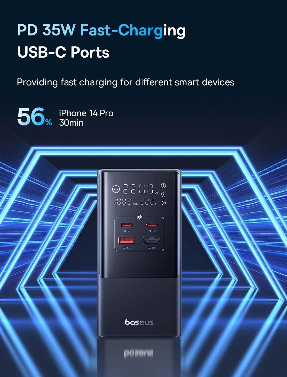 شاحن سريع Baseus 35 واط شريط طاقة 7 في 1 مع واقي تدفق 1200J لهاتف iPhone شاو شاو