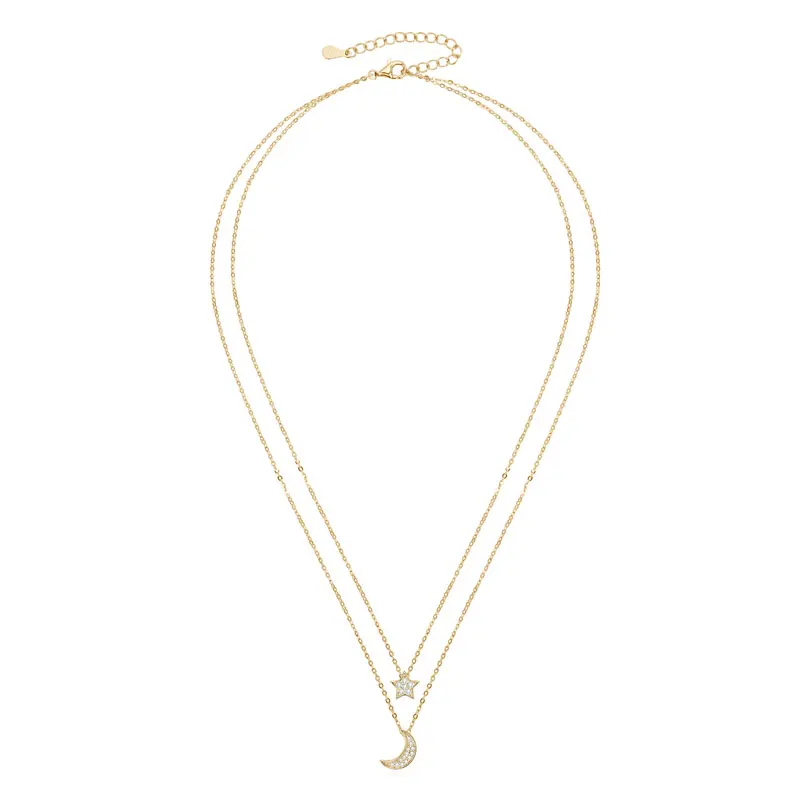 Moon Star Pendant Moissanite Diamond Necklace 925 Silver Double Layer Chains for Women Engagement Wedding Jewelry