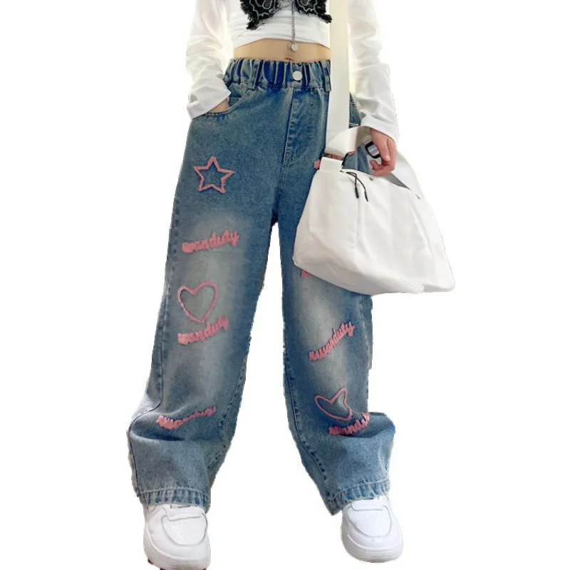 Kids Fashion Long Jeans Girls School Wide Leg Pants with Towel Embroidery Heart Star Casual Loose Children Korean Style Trousers