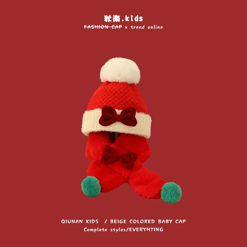 2-8Years Children's Hat Winter New Red New Year Warm Christmas Scarfs Hat Set Girls Boys Warm Baby Scarves