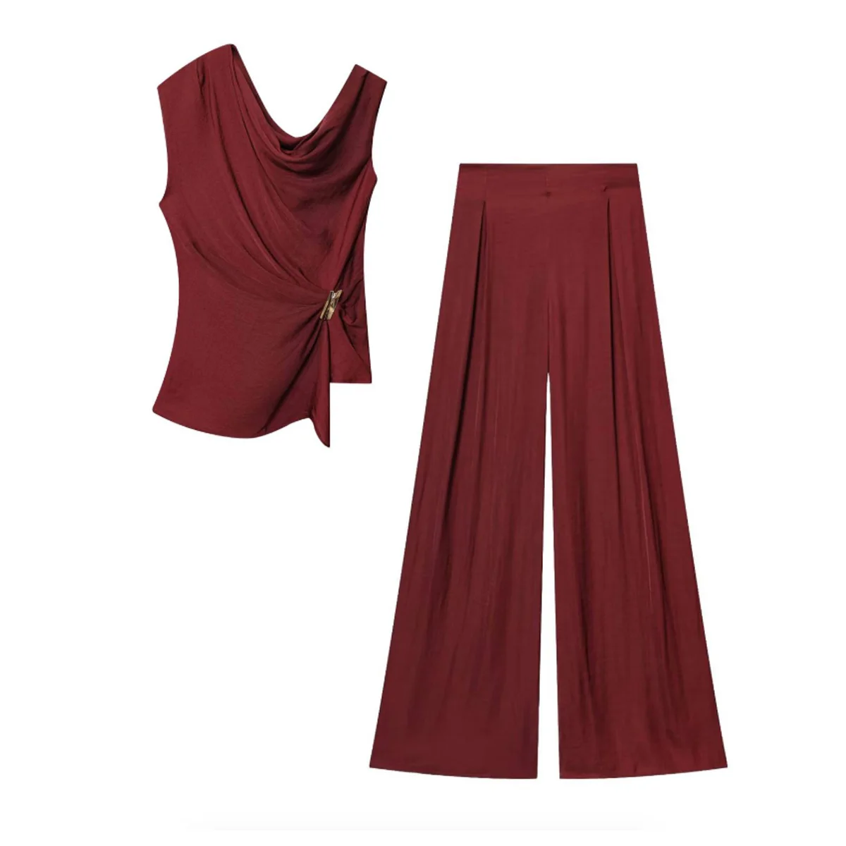 HH Women Elegant Pants Suit Dew Shoulder Golden Button Sleeveless Solid Short Top+Pleated High-Waisted Wide Leg Long Pant
