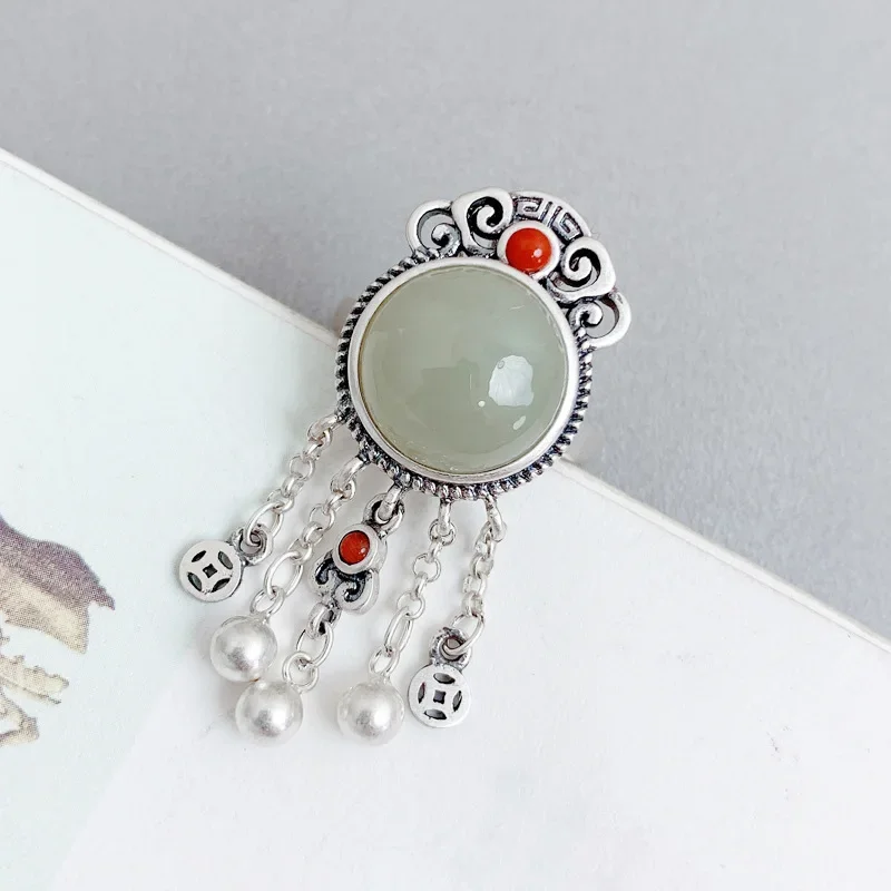 Chinese Style 925 Sterling Silver Tassel Ring For Women Girls Vintage Ethnic Handmade Jade Adjustable Open Rings Jewelry JZ132